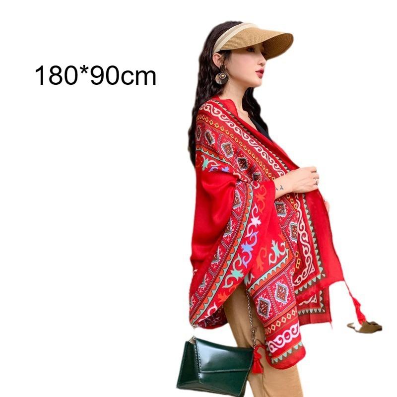 

Women Red Large Beach Scarf Ethnic Style Shawl Scarf 2 in 1 Sunscreen Shawl Summer Desert Travel Photography Seaside Accessories 180x90cm червоний