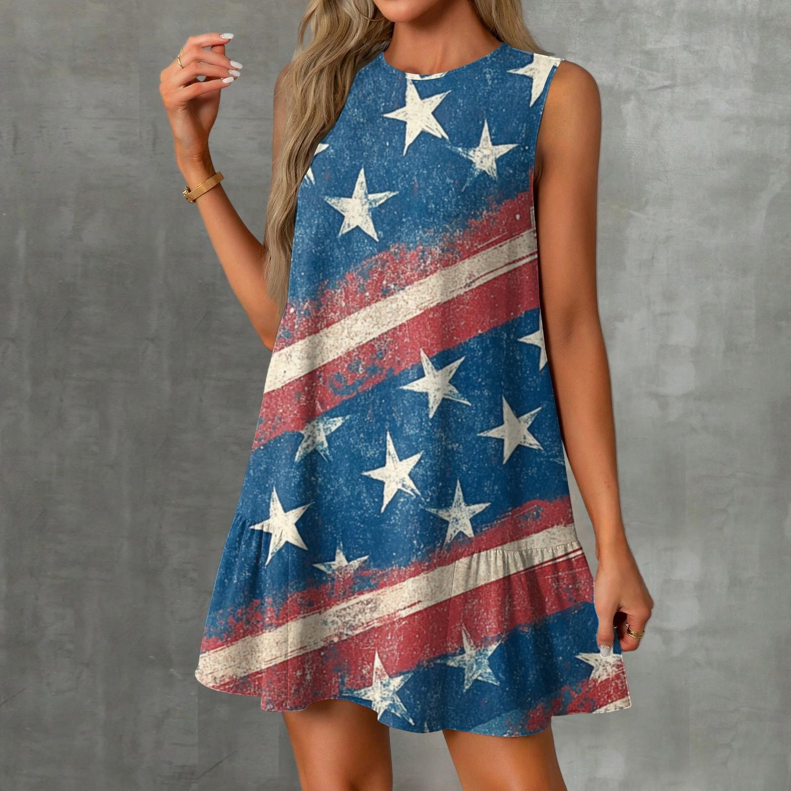 

Женские модные повседневные платья без рукавов с круглым вырезом и оборками с принтом «День независимости» XXL