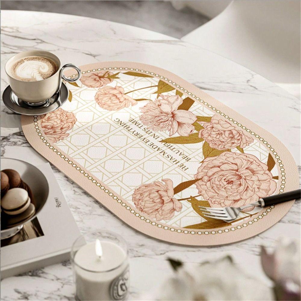 New Elliptical Floral Placemats Leather Waterproof Dining Pads Heat-Resistant Non-Slip Place Mats Coaster Decor