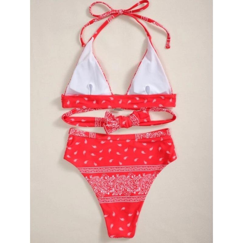 Women's Bandana Paisley Print High Waist Bikini Set, Halter Two Piece Swimsuit