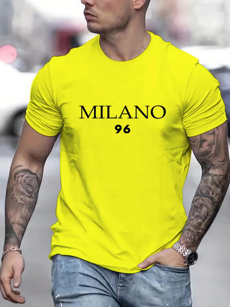 Men's 100% Cotton Summer Loose Size MILANO 96 Letter Printed Slim Fit Casual Sports Round Neck Short Sleeved T-shirt Top