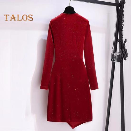 Damen Kurzes Kleid V-Ausschnitt Lange Ärmel Plissee Reine Farbe Slim Fit Etuikleid Unregelmäßiger Saum OL Pendeln Party Abschlussball Minikleid Abendveranstaltungen