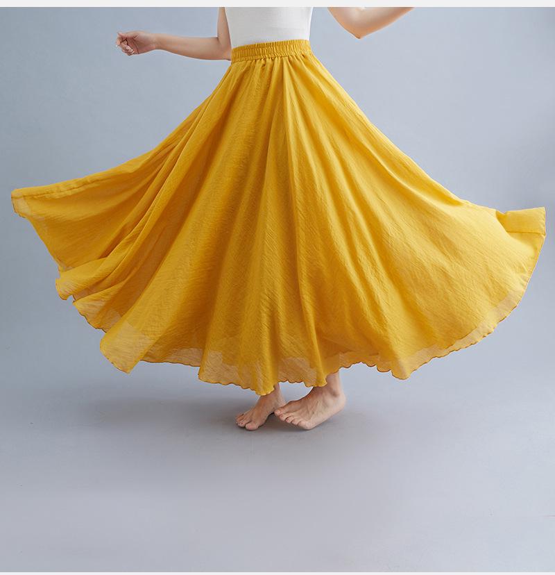 38-Color Plus Size Japanese Cotton Linen A-Line Midi Skirt with Elastic Waist