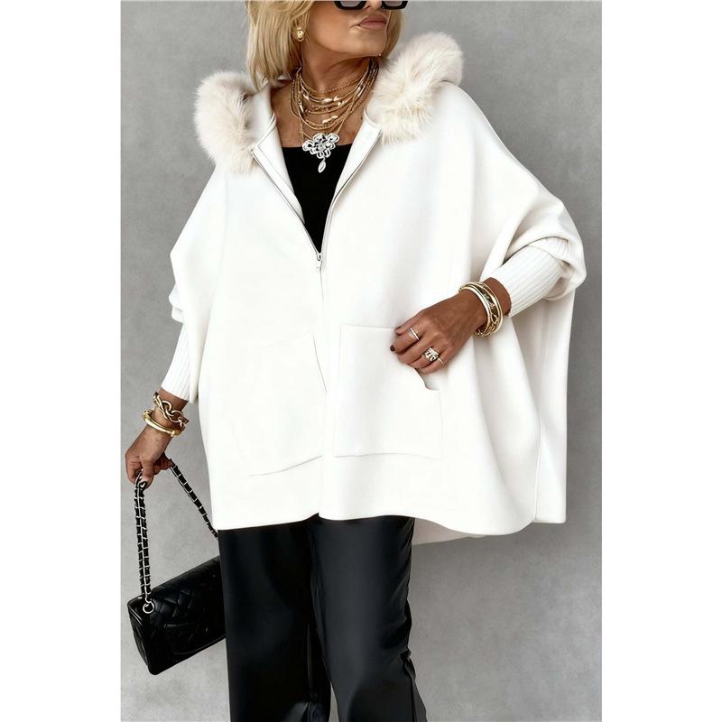 Autumn and winter European and American fashion loose pocket zipper big fur collar knitted hooded women's jacket