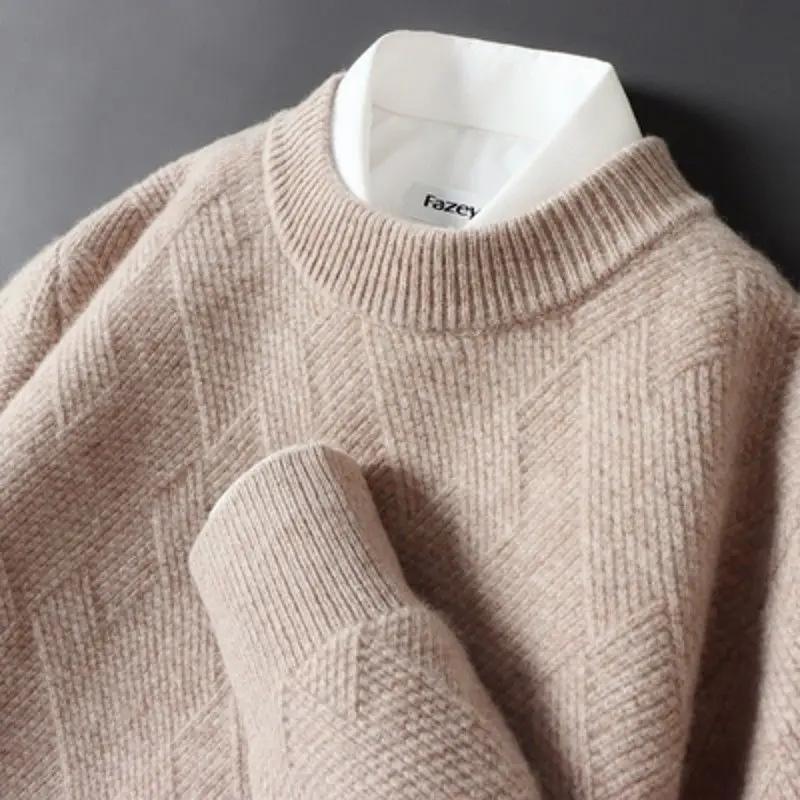 Suéter de Cachemira para Hombre Holgado y Grueso Jacquard Cuello Redondo Suéter de Punto para Hombre Otoño e Invierno Color Sólido