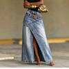 Washed Denim Maxi Skirt High Waist Asymmetric Front Slit Long Jean Skirt Irregular Patch Women Casual Split Denim Long Skirt