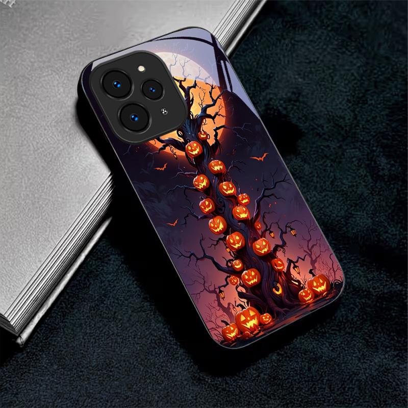 Halloween Pumpkin Black Glass Phone Case For Redmi Note 10 11 Pro+ 12 13 14 4G (Global) 14 Pro 5G (India) K60Ultra 13C 14C Cover