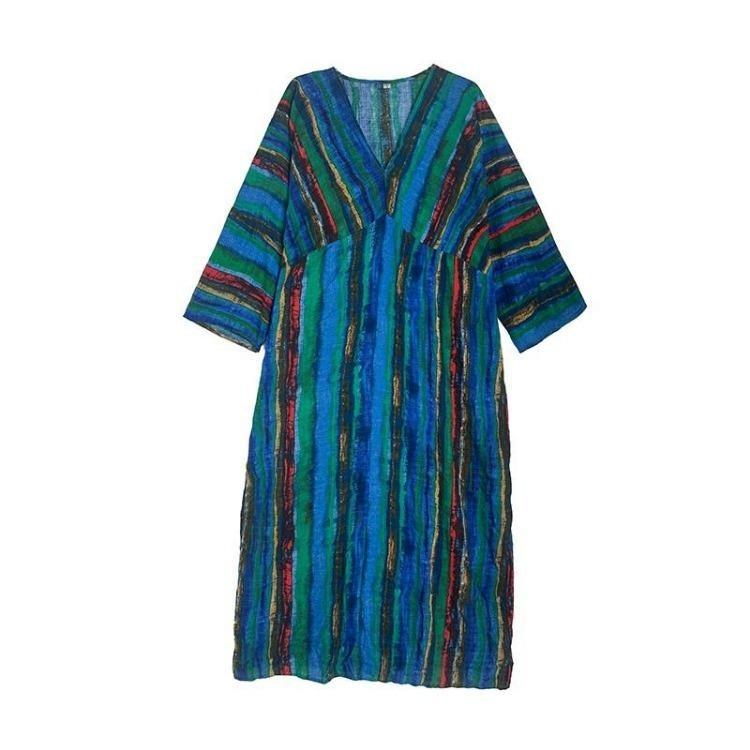 Neu im Frühling Herbst Große Größen Vintage Streifen Langarm Maxikleid Damen Baumwolle Locker Lässig Kleid