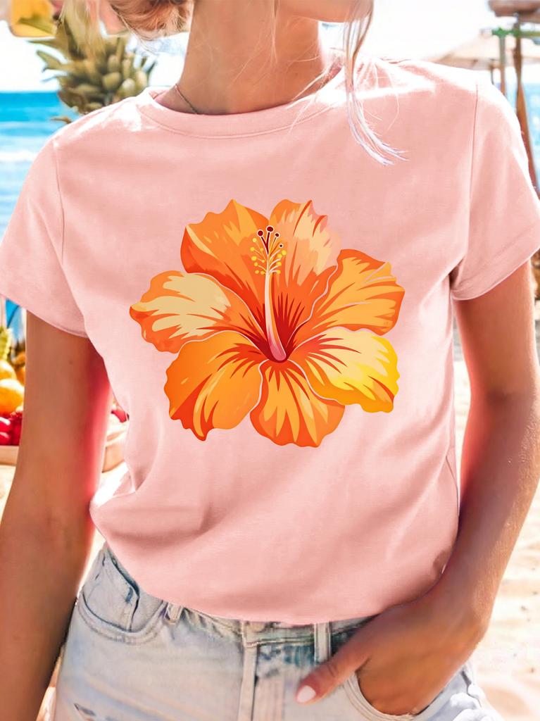 Vibrant Orange Hibiscus Flower Unisexs Crew Neck Short Sleeve T Shirt Tropical Summer Beach Graphic Tees For Ladies Daily Wear