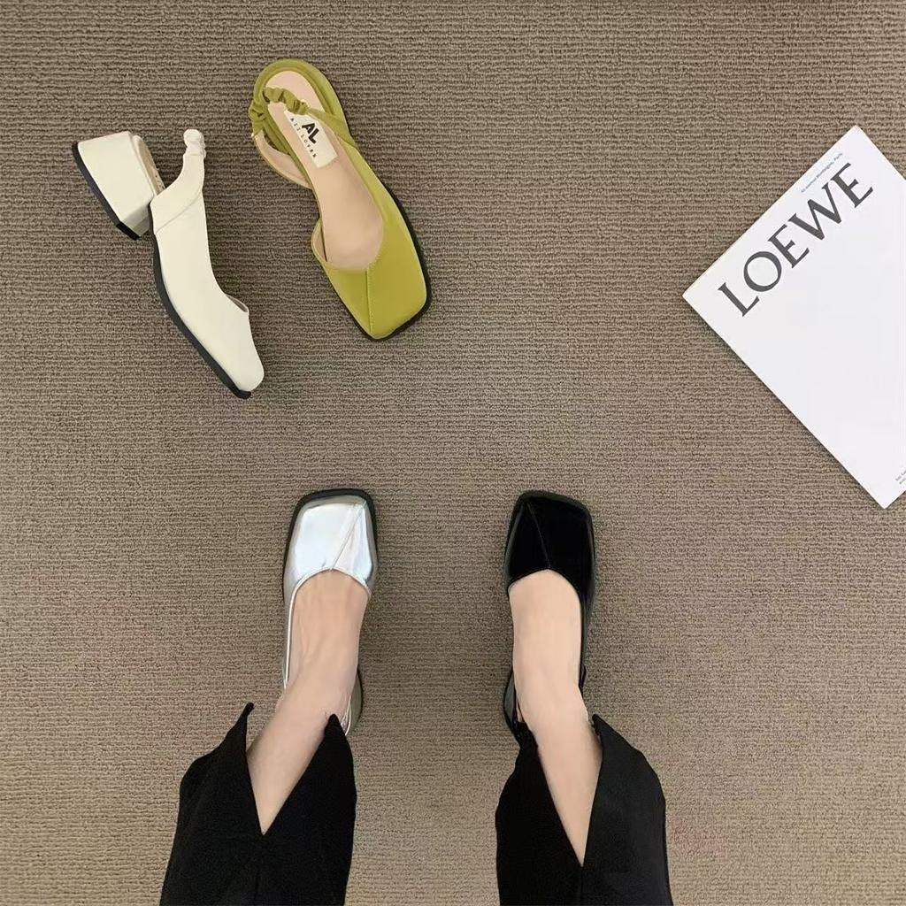 Summer skirt square head shallow mouth single shoes French thick heel bag head sandals fairy shoes new