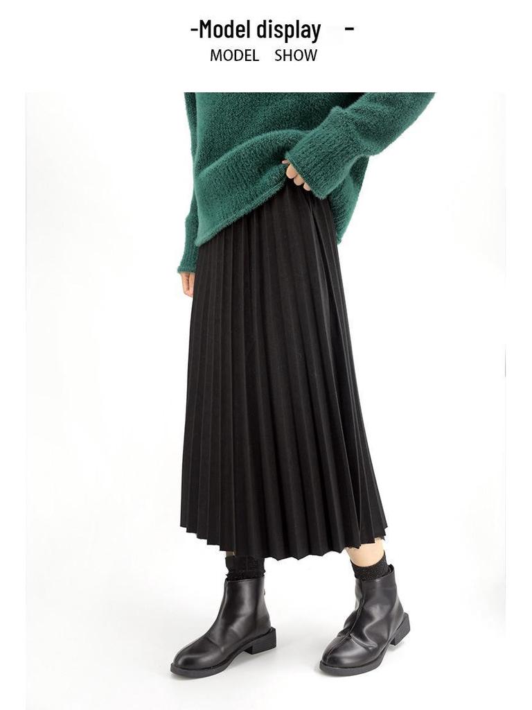 2023 New Wool Blend A-Line Midi Skirt: Pleated, Solid Color, Slimming, Great Drape for Autumn & Winter