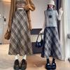 Women's Slimming High Waist Plaid Skirt - Retro College Style, Woolen Mid-Length, Wide Hem (Autumn/Winter 2025)
