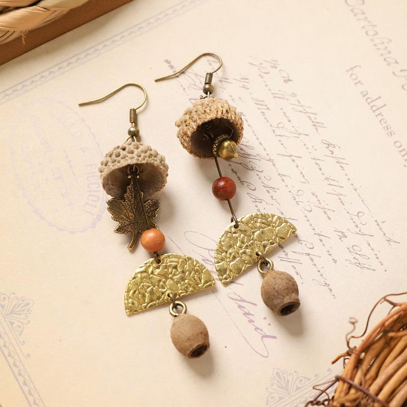 Retro natural plant earrings handmade creative niche acorn fruit long fringed design women's earrings