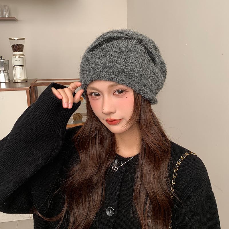 New Bow Knitted Hat Autumn and Winter Warm Ear Protection Pile Hat for Women Korean Style Big Head Circumference Showing Face Small Woolen Hat
