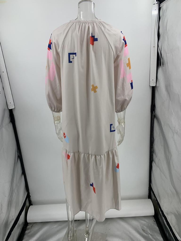 2024 New Autumn/Winter Loose Printed Casual Lantern Sleeve Dress for Women
