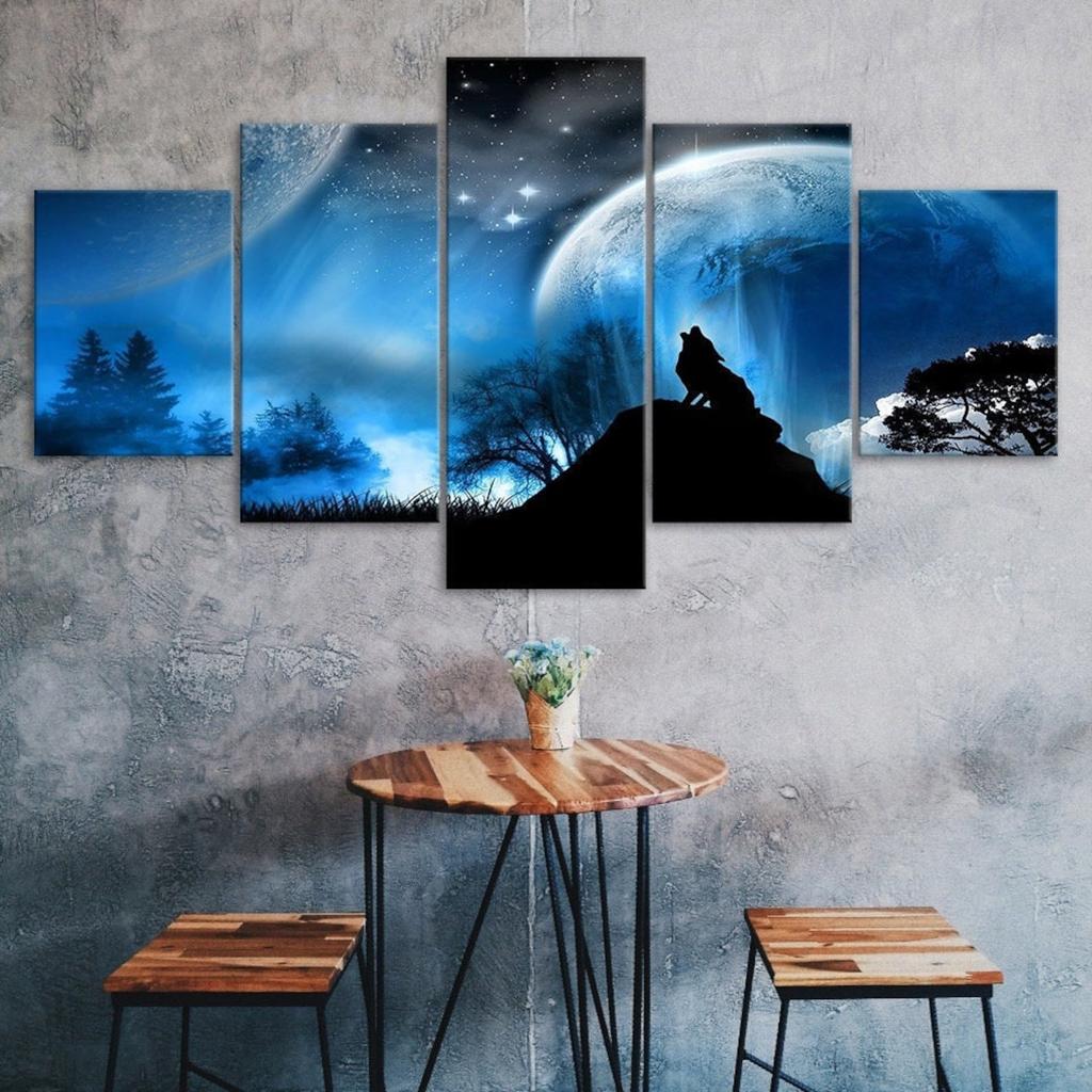 Howling Wolf Silhouette Dark Night Moon Scenery View 5 Piece Five Panel Canvas Print Modern Wall Art Poster Home Decor For Him For Her Gift