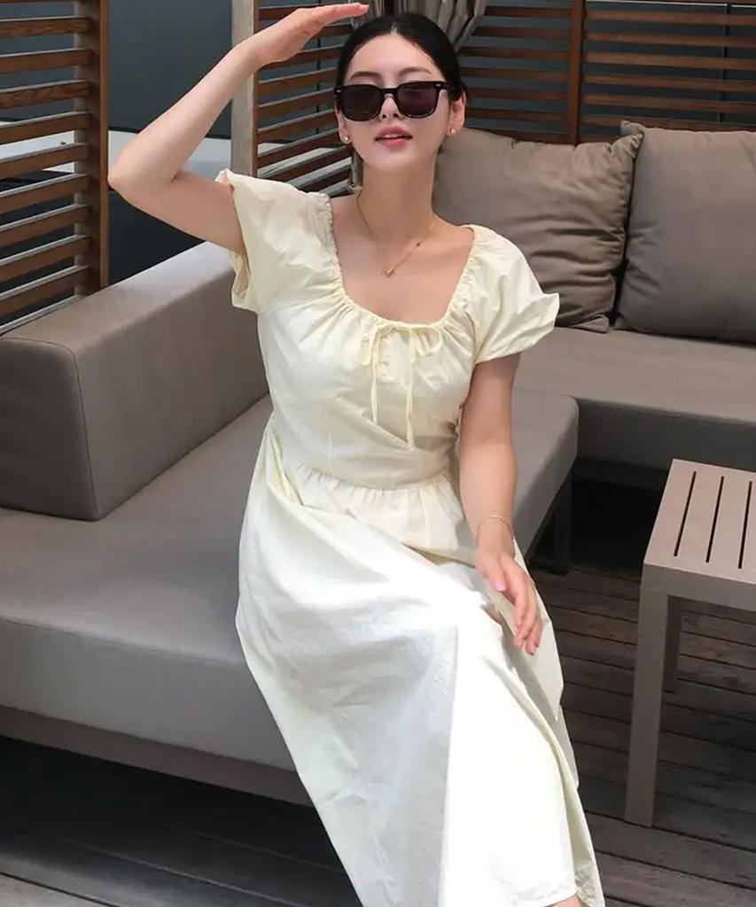 Slow Lolly Puff Shirring Long Dress - Beige