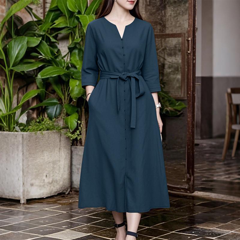 

ZANZEA Women Casual V-Neck Solid Color Loose Long Sleeve Dress M тёмно-синий