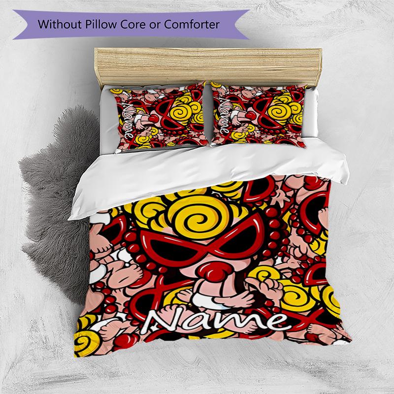 3pcs Custom Name Cartoon Hysterical Mini Bedding Set Duvet Cover Closure Includes 1 Duvet Cover & 2 Pillowcases for All Seasons Bedroom Decor