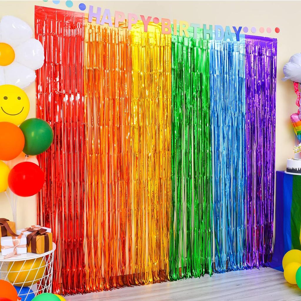 2 Pack Rainbow Foil Fringe Curtains Rainbow Party Decorations 3.3x6.6ft Tinsel Metallic Streamers Holiday Photo Booth  for Party