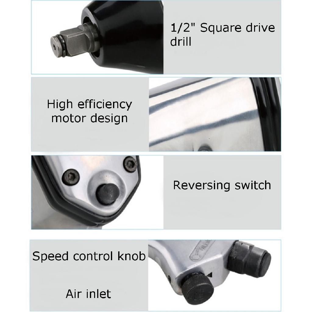 1/2" 4CFM Napęd Ciężki Pneumatyczny Klucz Udarowy Powietrzny Narzędzie Do Naprawy Kół Samochodowych Odlew Aluminiowy Wysoki Moment Obrotowy Niski Poziom Hałasu