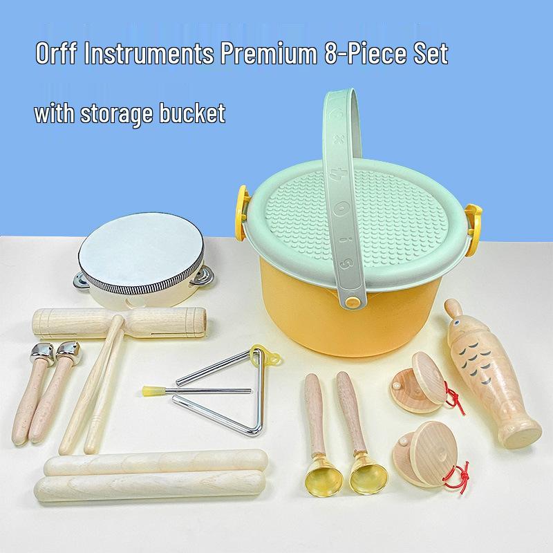 Children's Orff Percussion Instruments: Triangle, Castanets, Maracas, Tambourine, Wood Block, Cymbals