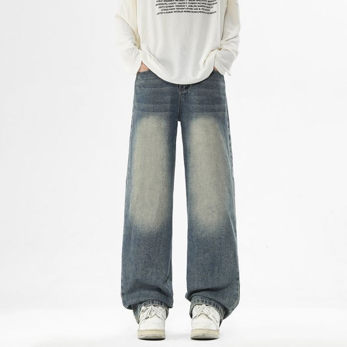 American High Street Trendy Brand Loose Straight Jeans Men's Four-season Trendy Versatile Wide-leg Drape Casual Trousers