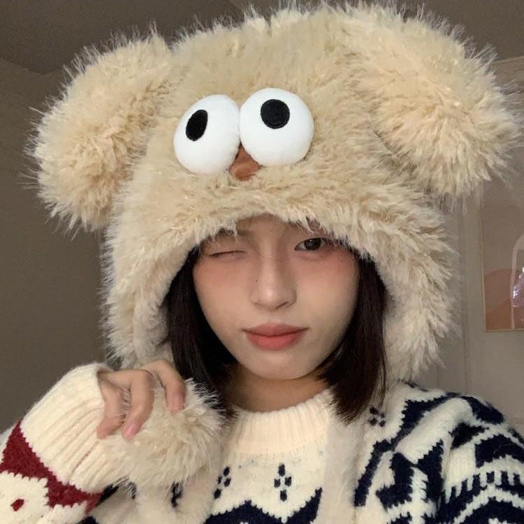 Autumn and winter cartoon student ear hats children cute thickened warm versatile big eyes plush hat cover