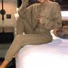 Herbst frauen Casual Stricken Set Sexy Zwei-Stück Outfit Langarm Pullover Kurze Pullover Crop Top Kordelzug Lange Hosen set