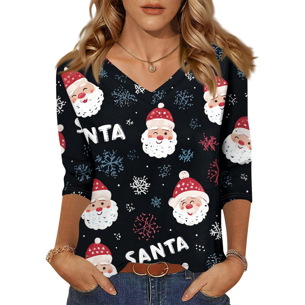 Women's T Shirt CHristmas Print 3/4 Sleeve Daily Weekend Fashion Basic V- Neck Regular Top