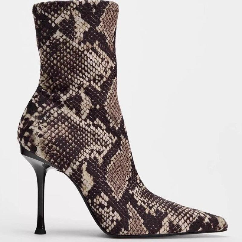 Fashion Pointed Toe Sexy High Heels Women's New Stiletto Plaid Snake Side Zipper Anti-Slip Wear-Resistant High Heel Boots