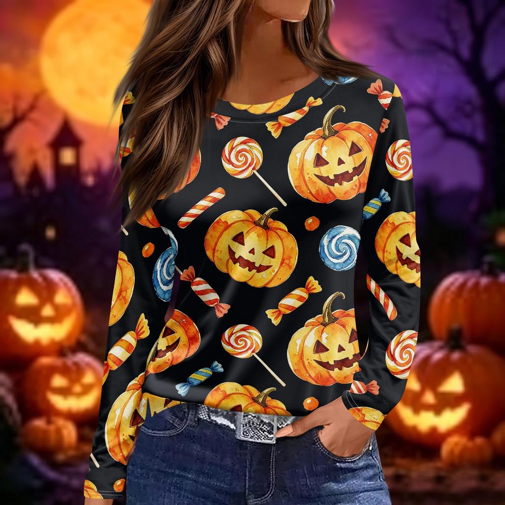 Women's Fashion Long Sleeve Top Halloween Print Round Neck Pullover Shirt with Split Hem Casual Wear for Autumn and Winter