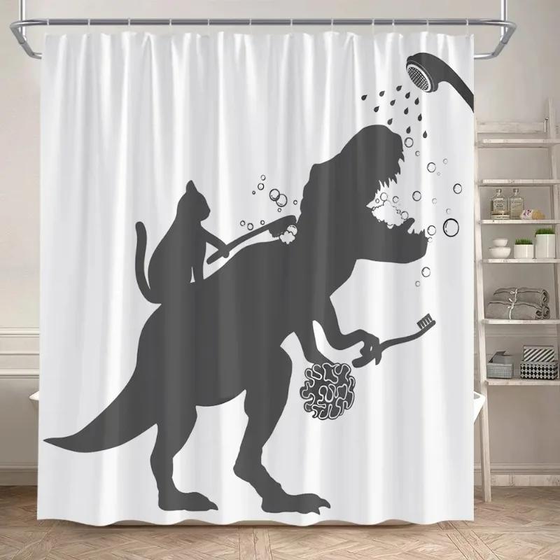 Lustige Badende Dinosaurier Duschvorhänge Schwarze Katze Tiersilhouette Kinder Badevorhang Modernes Polyester Badezimmerdekor mit Haken
