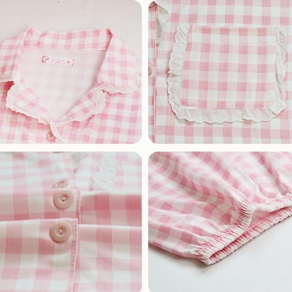 Korean version of sweet summer pajamas women's short-sleeved cardigan trousers cute lace plaid women's loungewear spring and autumn suit