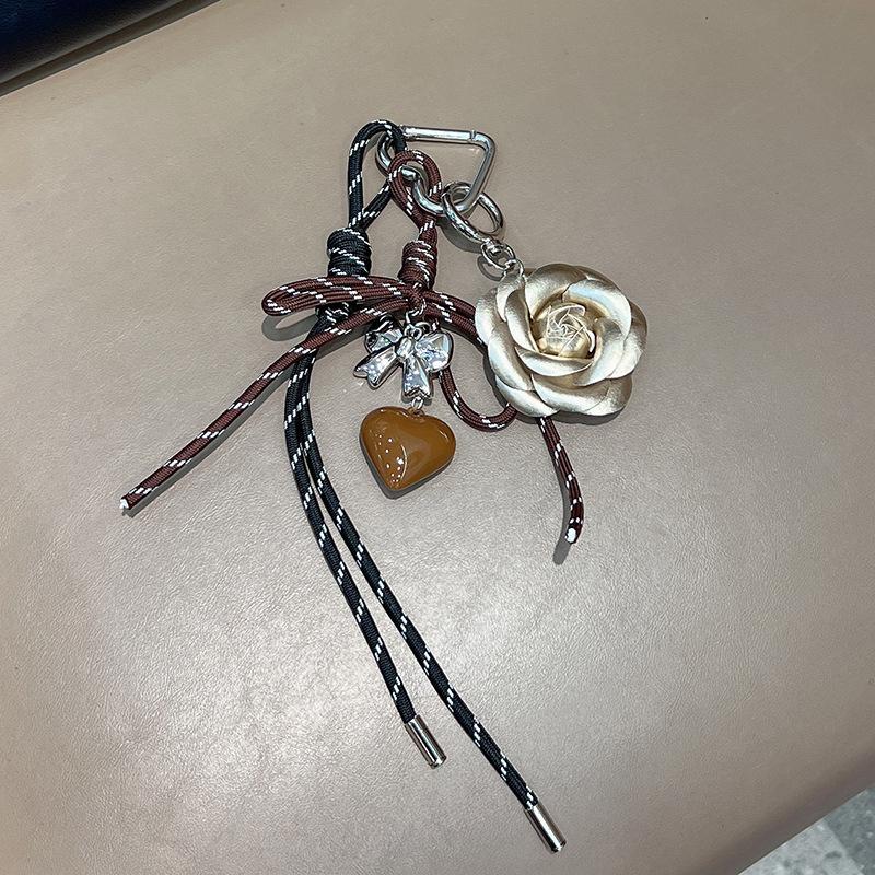 Handmade Camellia Flowers Heart Handbag Pendant Simple Tassels Backpack Hanging Bag Accessory