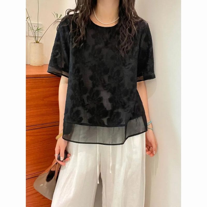 Women s Black Floral Jacquard Mesh Hem Spliced Round Neck Short Sleeve Blouse M чёрный