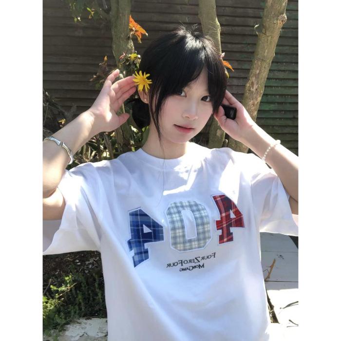 

Trendy Letter Embroidery Cotton T-Shirt, 2025 Summer Casual Loose Fit XL белый