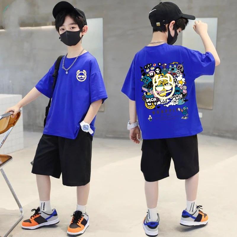 Kids Clothes Boy Pure Hip-hop Street Graffiti Print T-shirt Oversized Short Sleeves Children's Clothing 2026