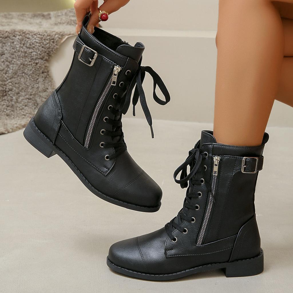 Women's Square Heels Ankle Booties Autumn Winter Leather Short Work Boots Woman Plus Size Lace Up Elastic Boots Zapatos Mujer