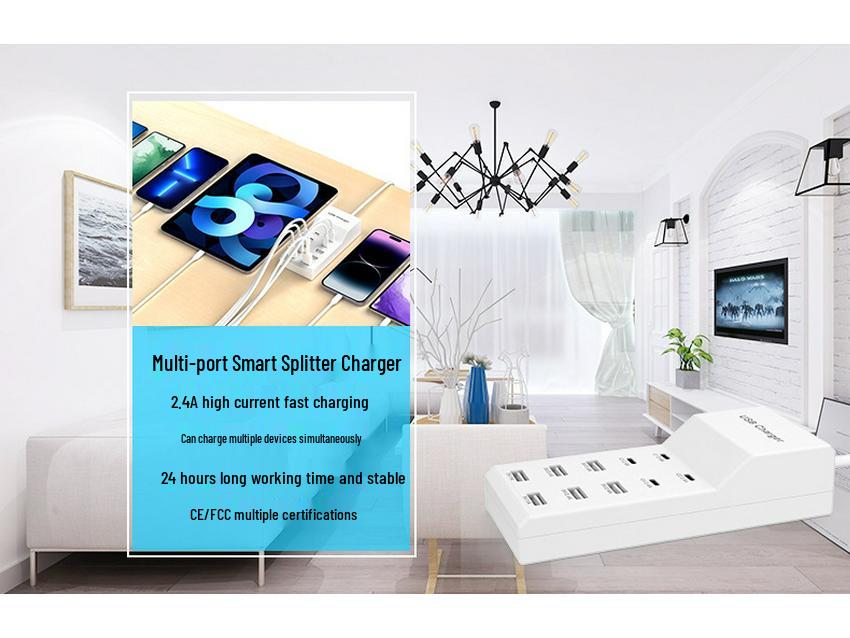 10-Port USB-C Fast Charger Power Strip, 5V2A, Safe Socket for Apple, Huawei, Xiaomi