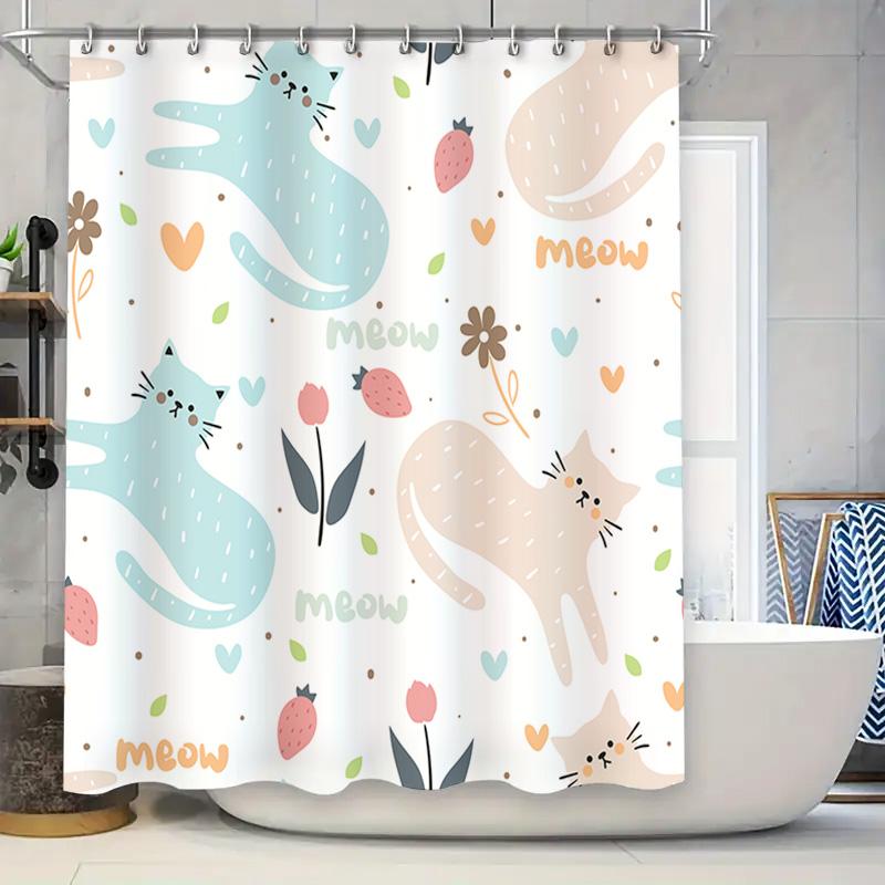 

Modern Home Decor: Adorable Cat Shower Curtain Set For Bathroom Pink Blue Floral Pattern With Strawberry Design Easy Install Hoo W60H190(CM)-1 Pcs