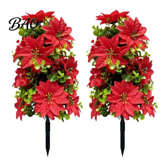Indoor Outdoor Holiday Accents 22" Artificial Poinsettia Flowers with Ground Spikes, Red Christmas Floral Stakes, Waterproof Festive Stakes