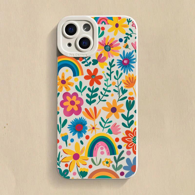 Fresh Rainbow Floral Art Print Phone Case for iPhone 17 16 15 14 13 12 11 Series Pro Max Plus Double Layer Protection