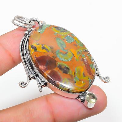 Natural Bamboo Jasper, Citrine Gemstone 925 Sterling Silver Pendant 2.56" F6T28