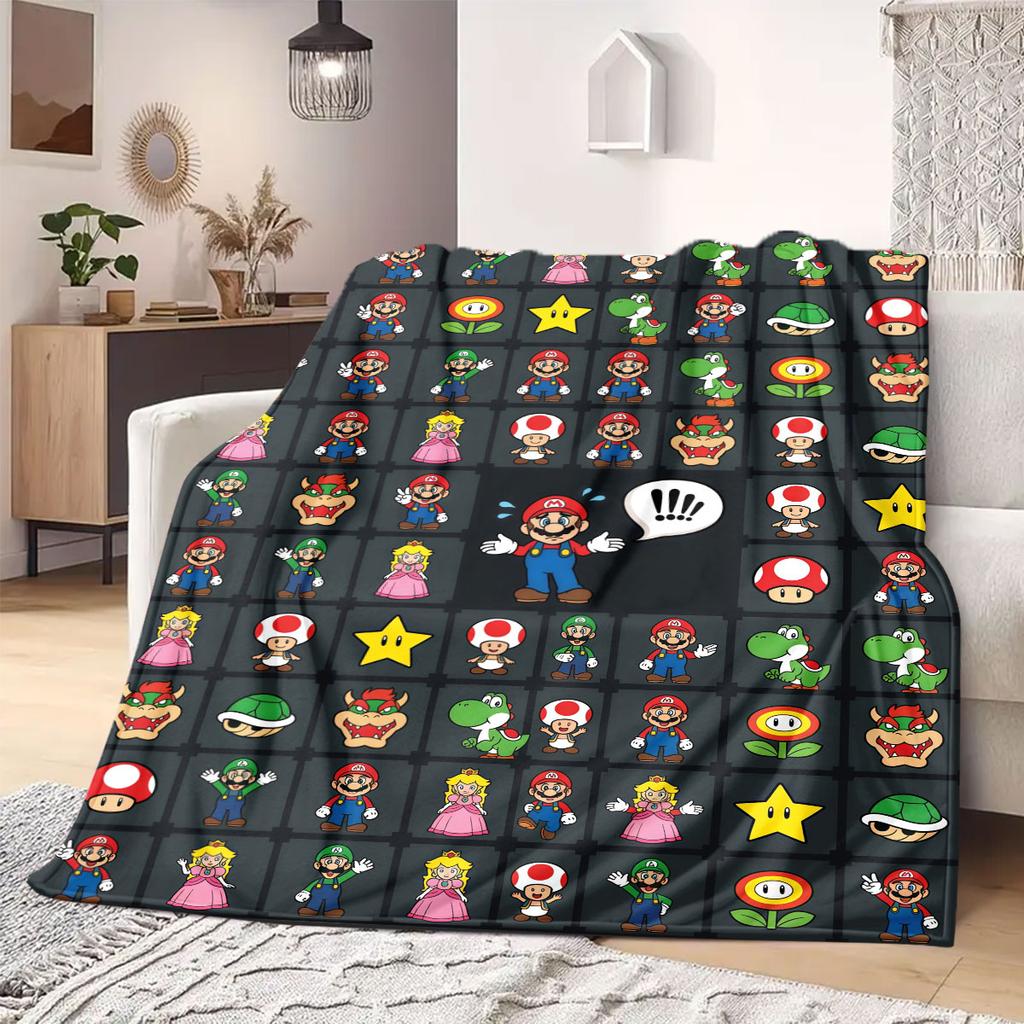 Super Mario Classic 2D Cartoon Flannel Blanket, Printed Pattern for Sofa Bed, Warm Picnic Travel Throw_LIAN