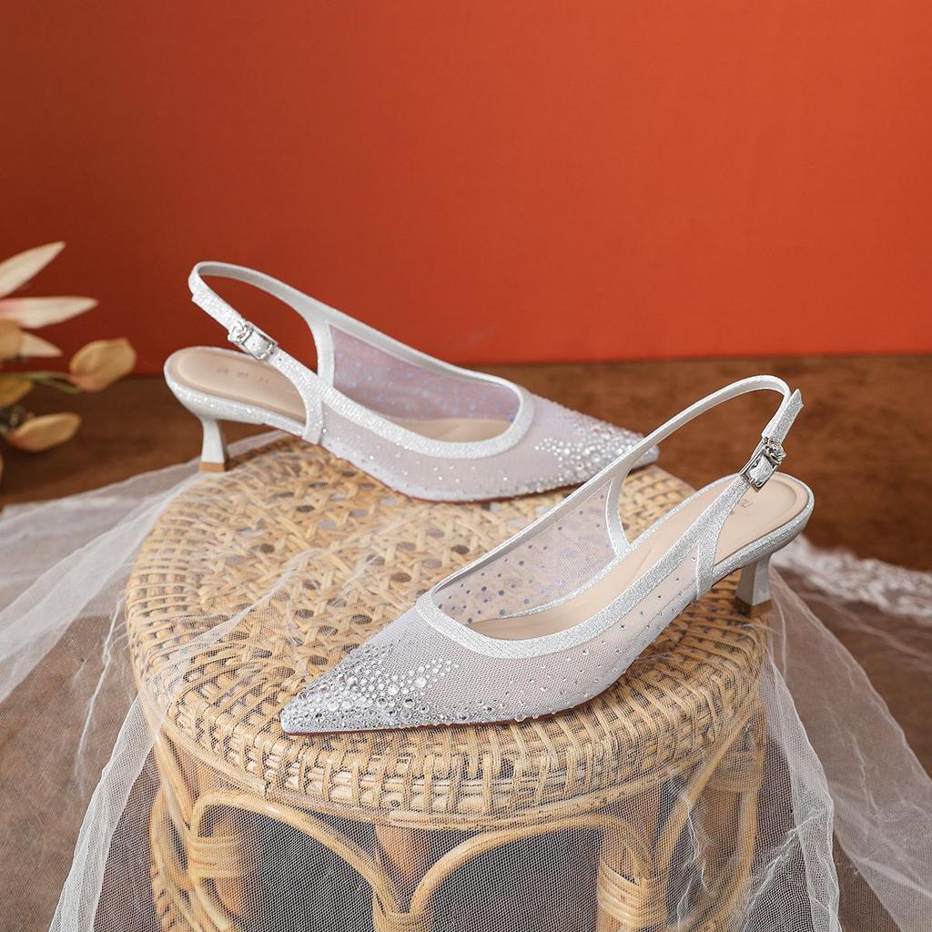 Champagnefärgade strass-mesh-sandaler med hög klack - Dambrud- och aftonskor