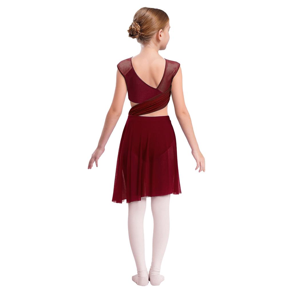 Abito da Danza Lirica a Pezzo Unico da Bambina Senza Maniche Rete Trasparente Patchwork Asimmetrico Abito da Ballo