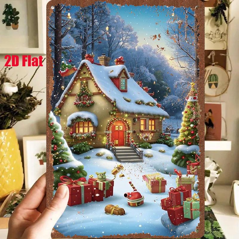 D Flat Pc D Flat Metal Sign Vintage Tin Art X Inches X Cm Depicting a Cozy Christmas Night Scene a SnowCovere