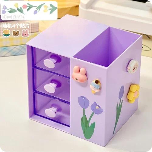 Kawaii Desk Pen Holder Pencil Storage Box Desktop Stationery Ins Organizing Box Cute Drawer Pen Holder MultiFunctional Organizer
