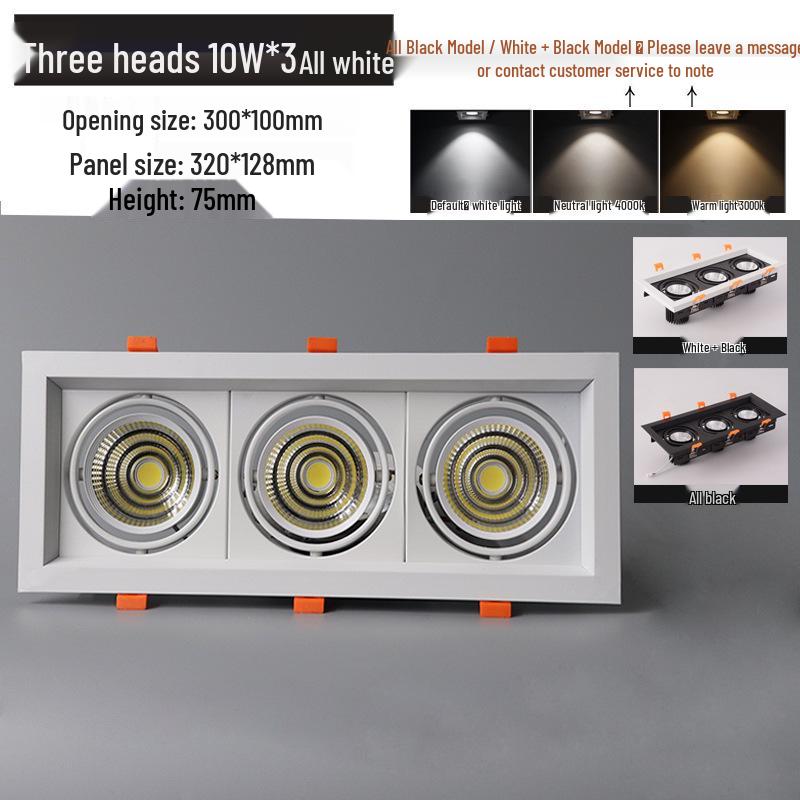 LED Double Head Spotlight: Embedded Grille, Single or Triple Head, Square Cylinder Design - Ideal for Living Room or Commercial Spaces.